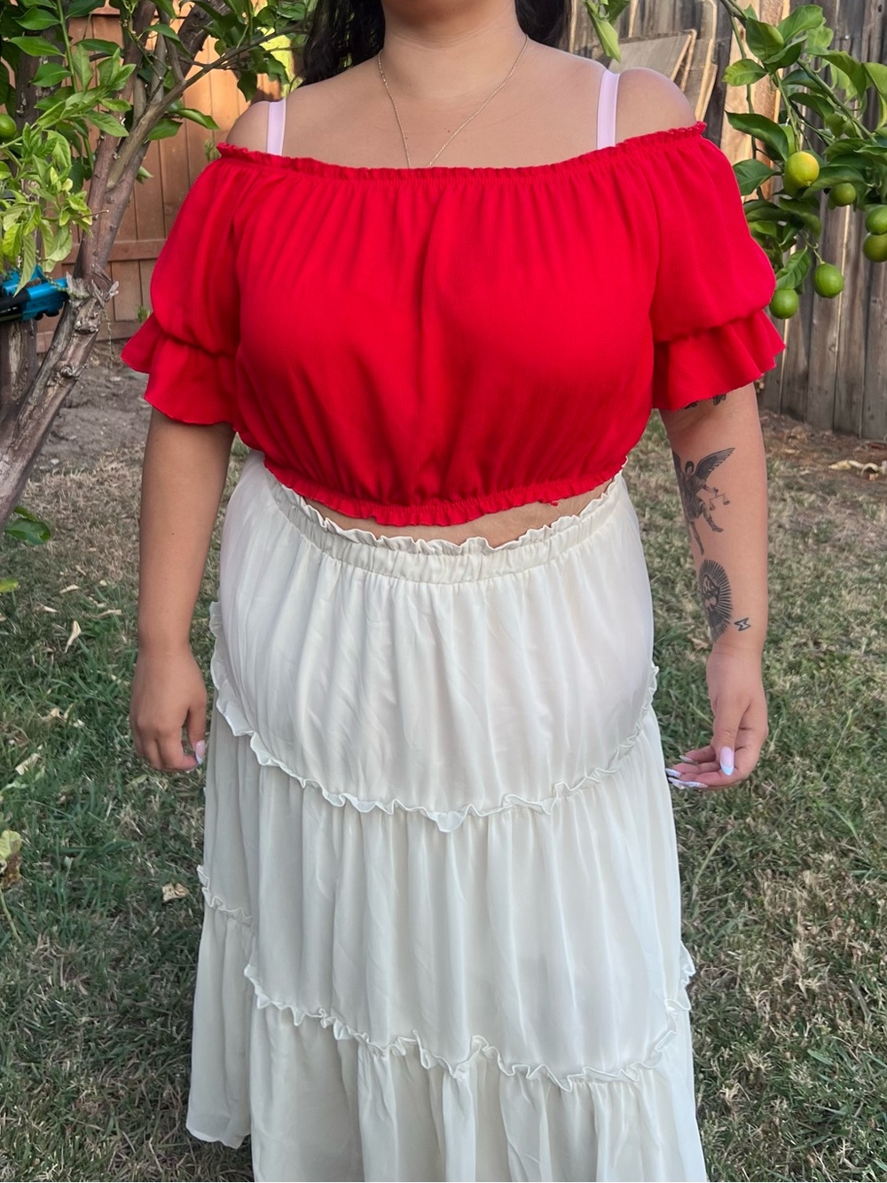 Red Off-Shoulder Ruffle Crop Top